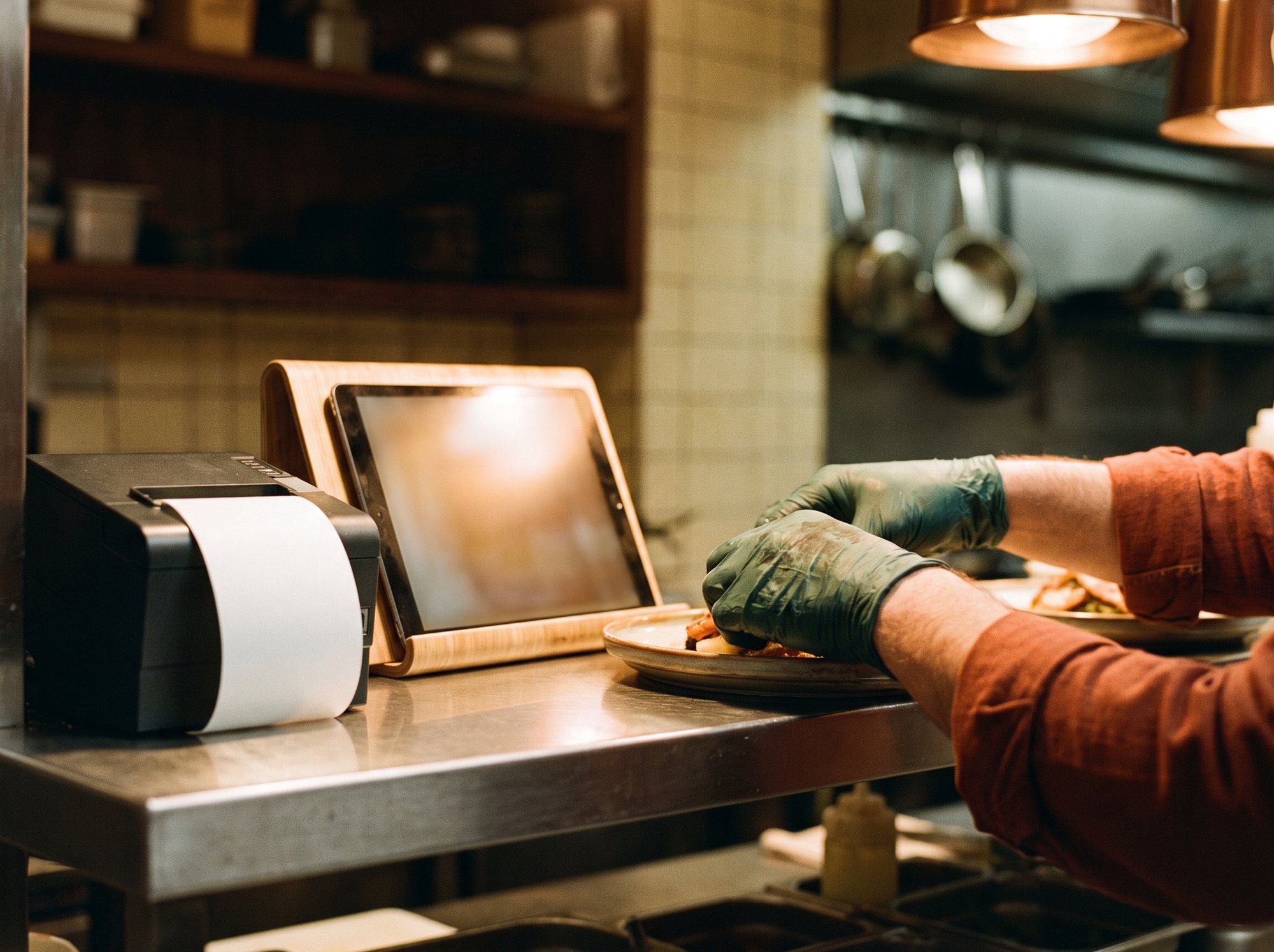 A tablet and ticket printer on a kitchen shelf while gloved hands plate a dish.