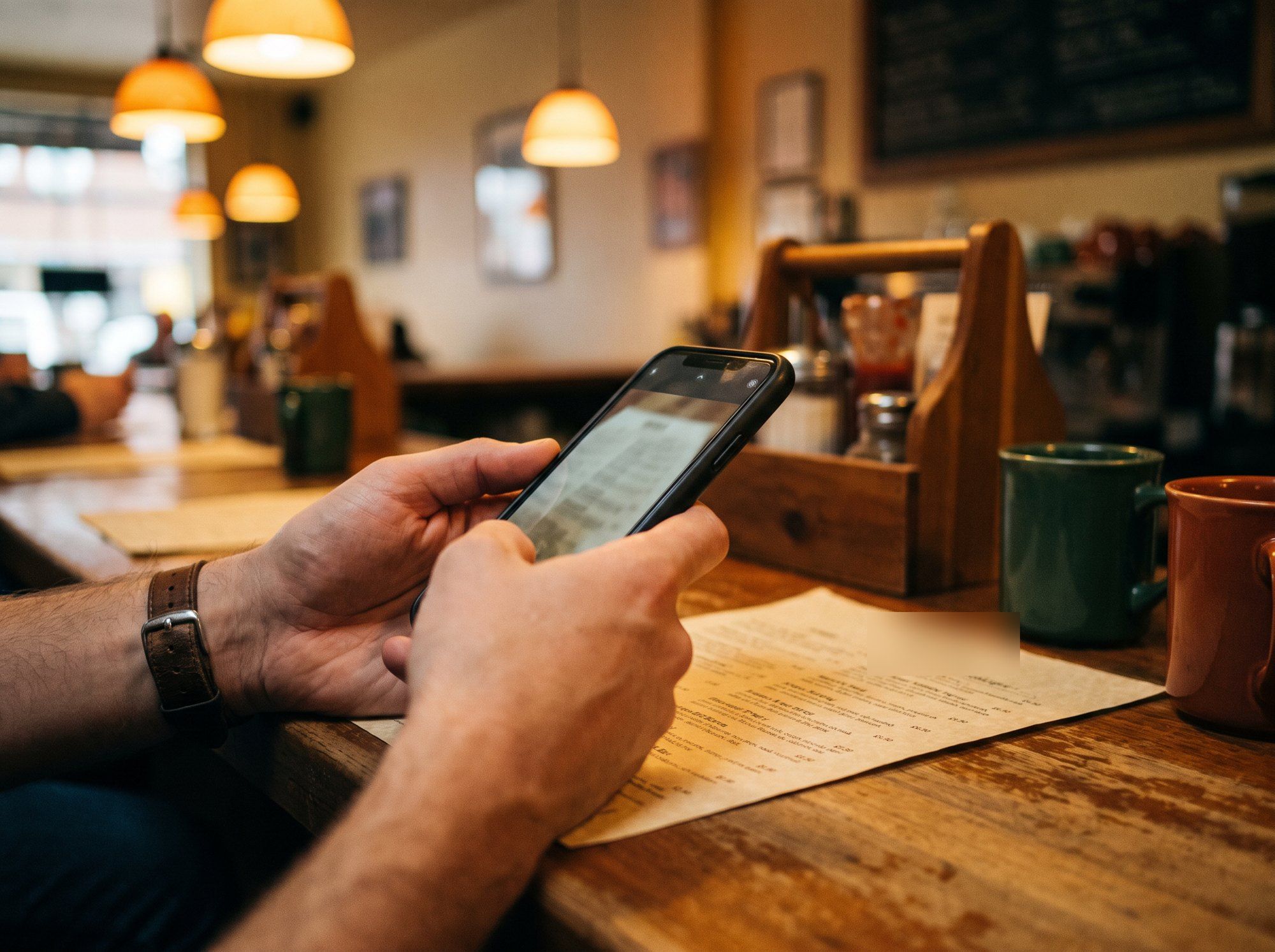Hands photographing a paper menu on a cafe counter with a phone.
