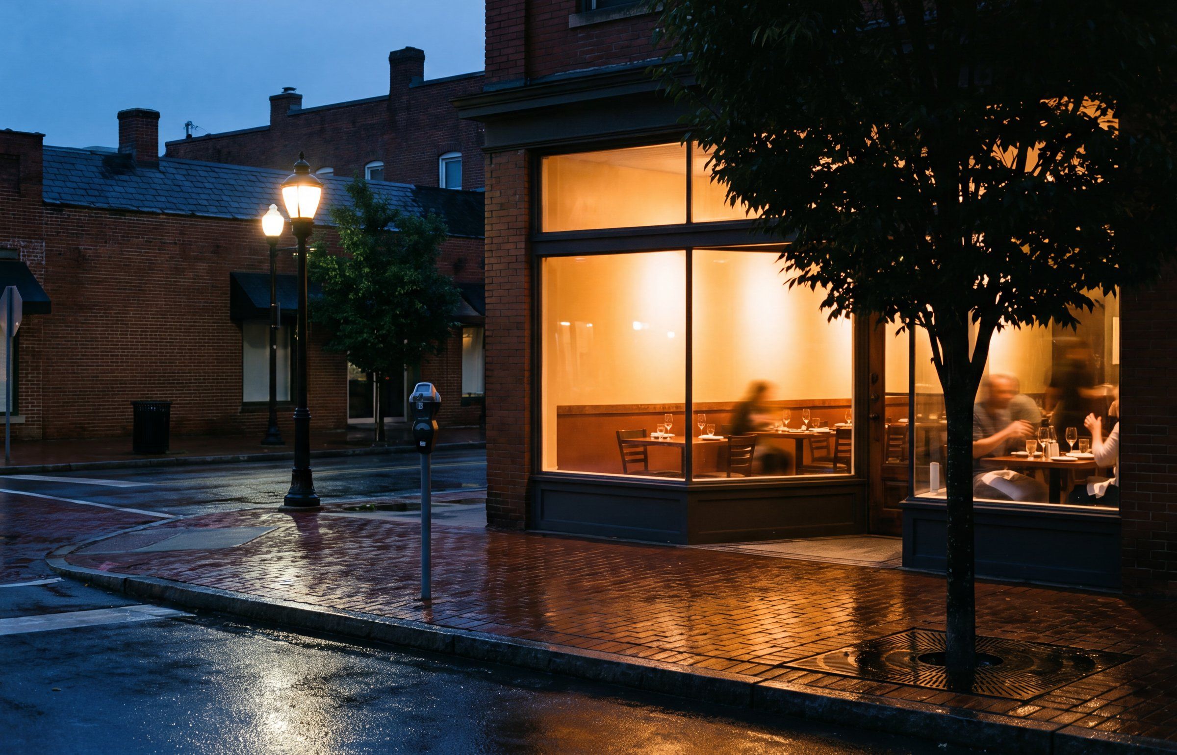 A neighbourhood restaurant on a brick corner at blue hour after rain, its windows glowing onto the wet street.