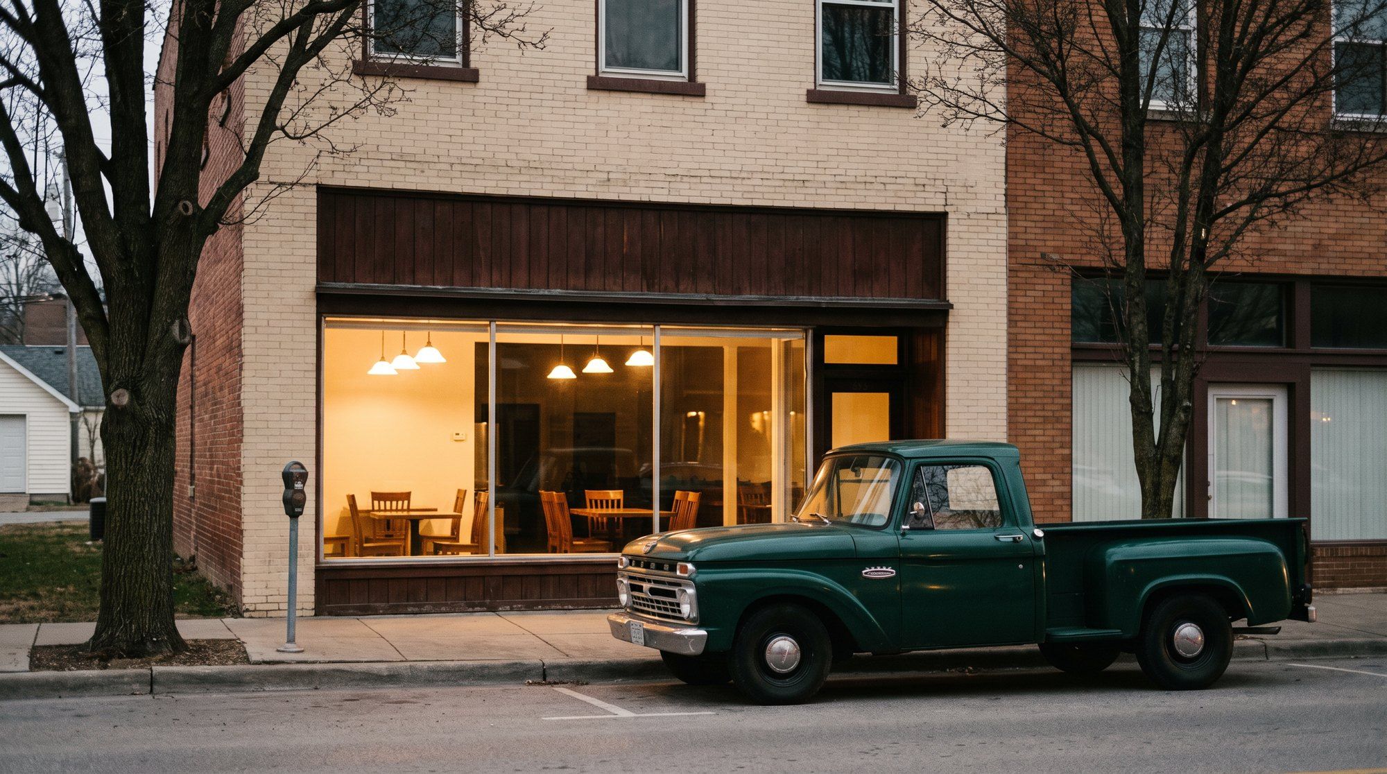 A small restaurant on a brick main street at dusk, its front window glowing.