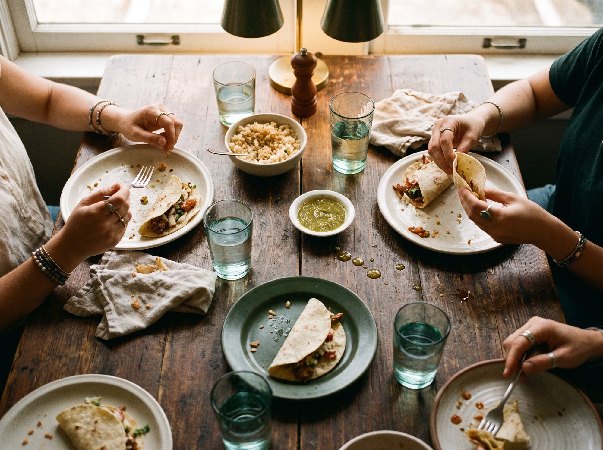 Friends sharing tacos, rice and salsa verde around a wooden table, seen from above.